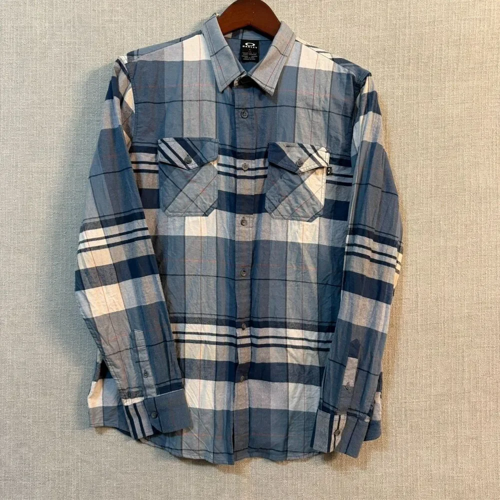 Oakley Men’s Plaid Button Down Shirt Large Blue White Cotton Regular Fit FA16 - Picture 10 of 10